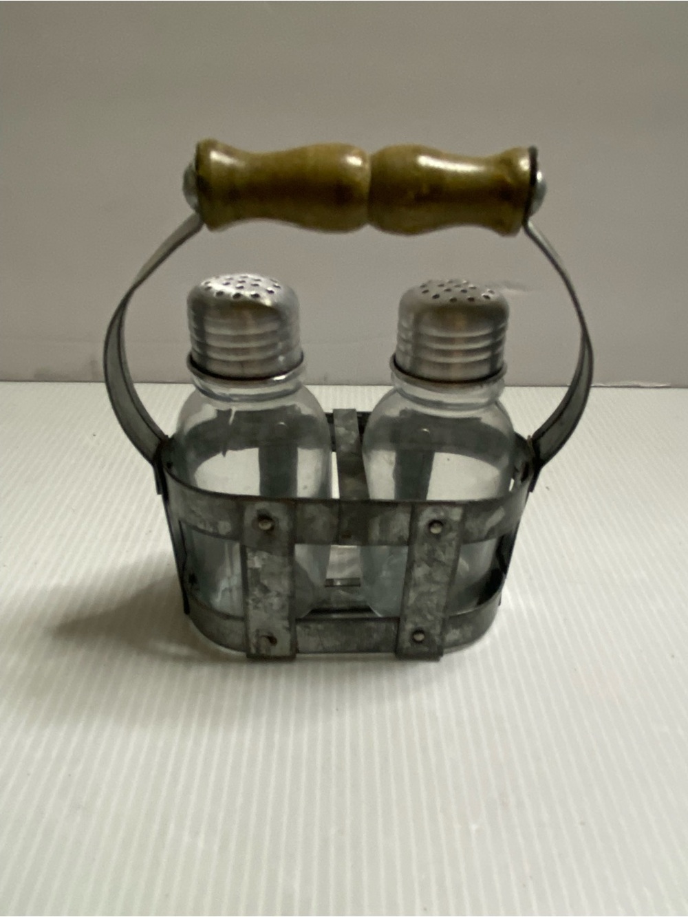 Rustic Galvanized Metal Salt Pepper Shaker Caddy Set Wooden Handle Clear Glass